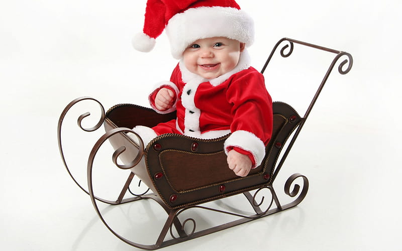Little Santa, red, smile, baby, santa claus, hat, cute, child, white, sledge, HD wallpaper