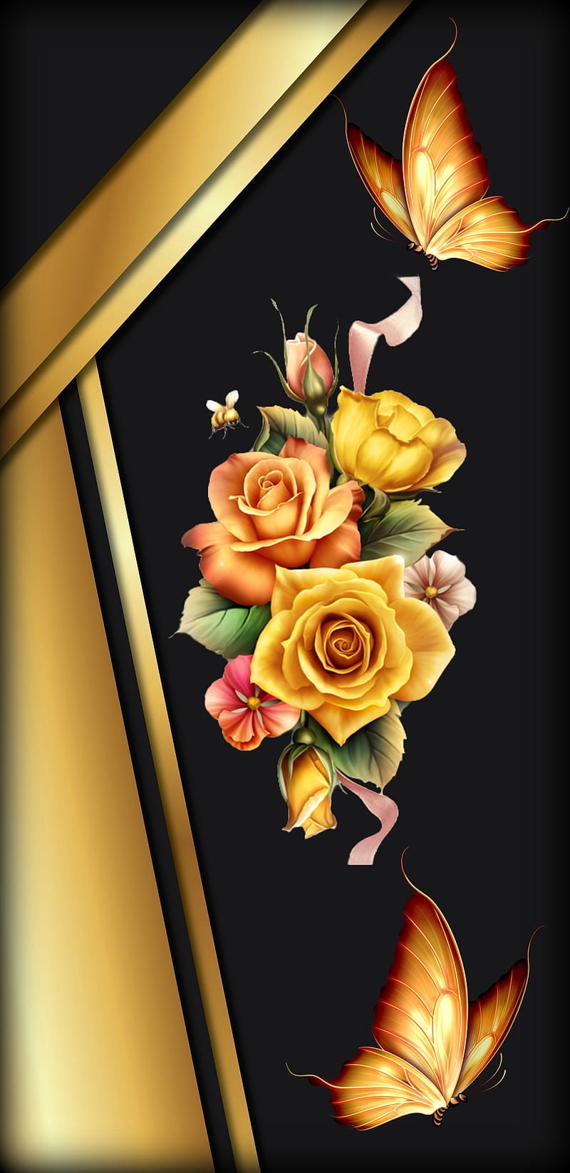 Golden Fantasy, art, butterflies, desenho, fall, fall scenes, flowers, gold, rose, scenes, HD phone wallpaper
