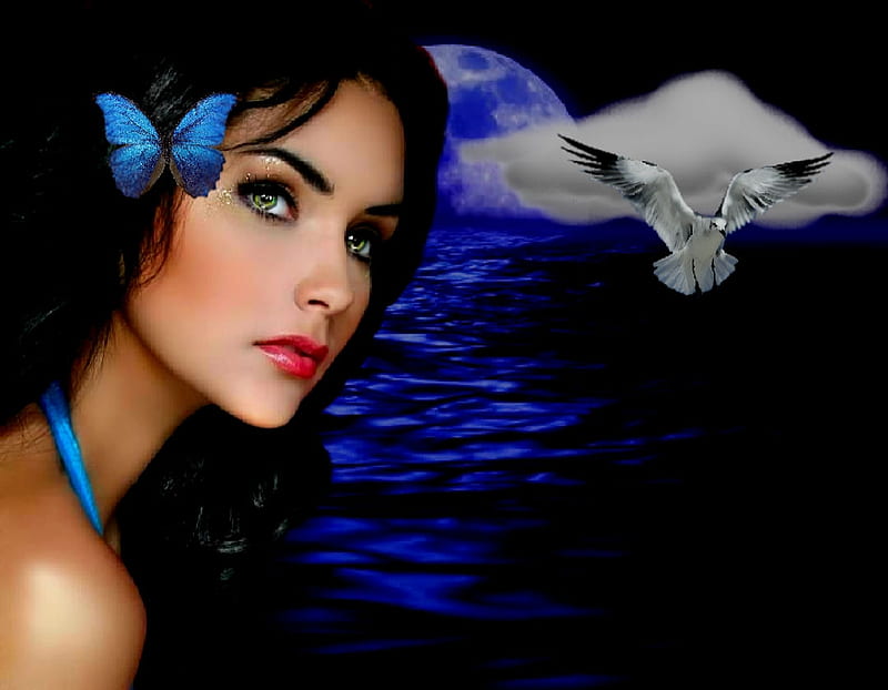 Island Girl, artistic, pretty, bonito, woman, clouds, seagull, butterfly, feminine, face, gorgeous, blue, female, lovely, black, sky, glitter butterfly, creative, girl, bird, makeup, lady, HD wallpaper