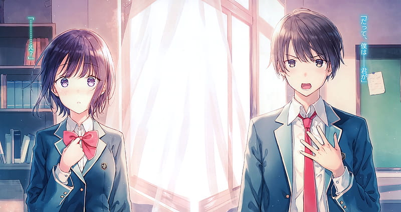 anime couple, school uniform, curtain, romance, Anime, HD wallpaper