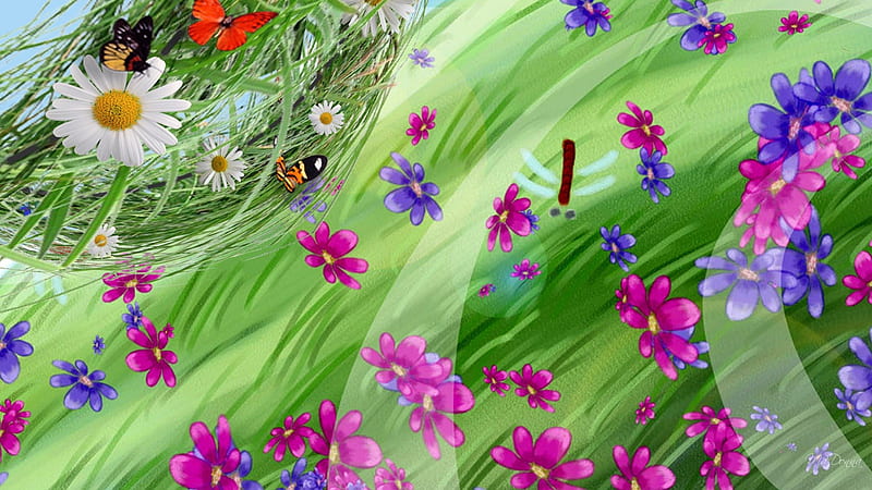 Summer Fun, flowers, grass, butterflies, scatter, collage, abstract, floral, daisies, green, dragonflies, flowers, insects, HD wallpaper