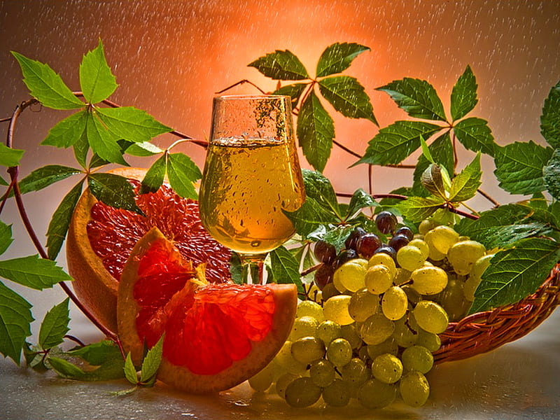 Fresh fruits and juice, red, delicious, juice, refreshing, orange, fresh, fruits, grape, basket, coctail, HD wallpaper