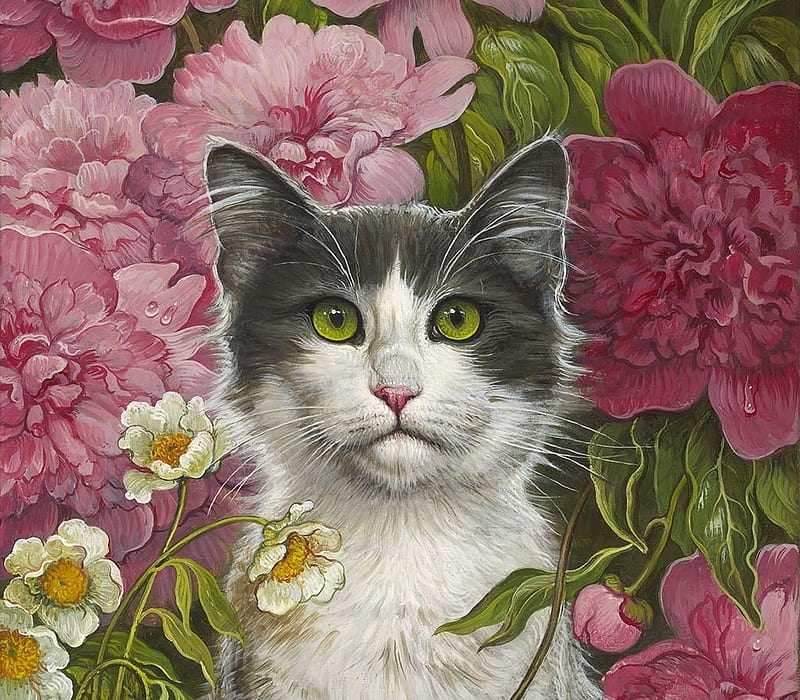 Cat, yana movchan, painting, pink, pisici, pictura, art, peony, flower, garden, HD wallpaper