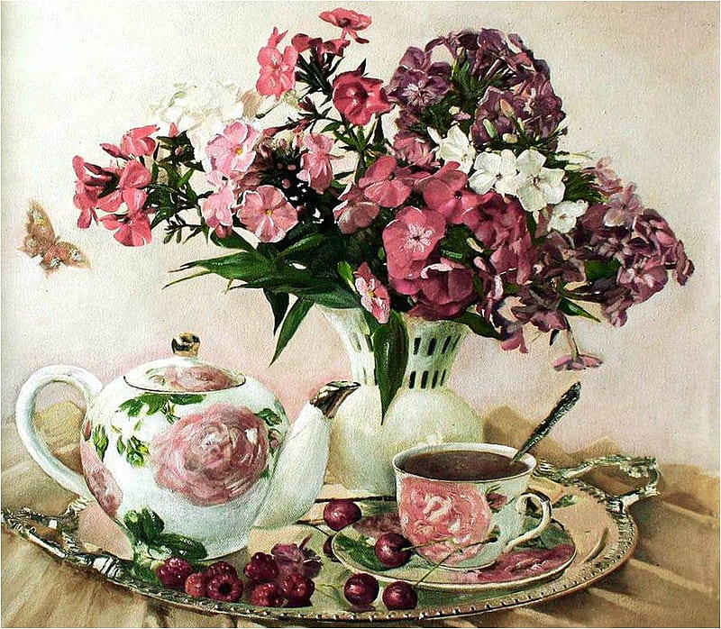 Shloma Natalia. Summer tea Party (DETAIL), art, still life, painting, flower, shloma natalia, cup, tea, HD wallpaper