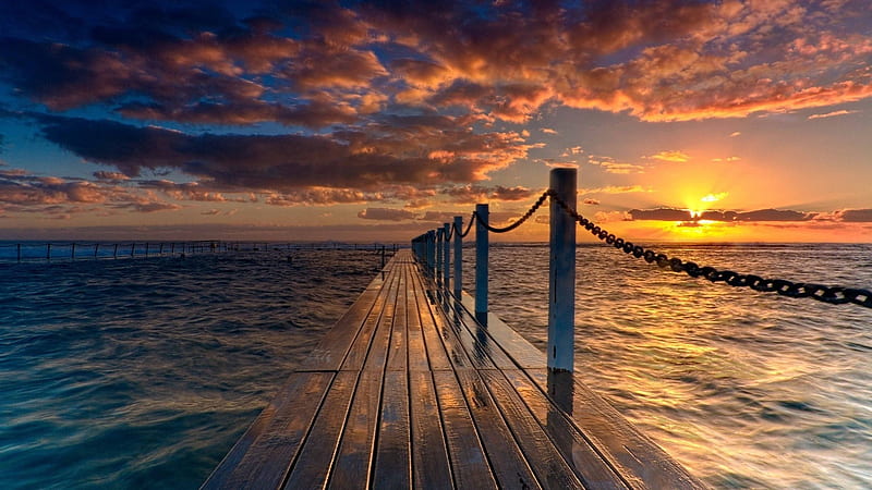 wooden sea ramp at sunset r, chain, r, sunset, ramp, wood, sea, HD wallpaper
