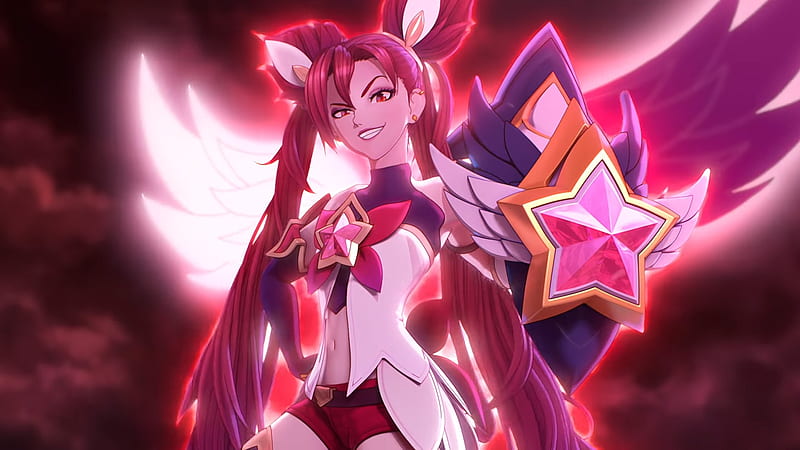 Here comes Jinx, wings, smile, lol, league of legends, jinx, magical girl, star guardian, skin, weapon, alternative outfit, pink hair, HD wallpaper