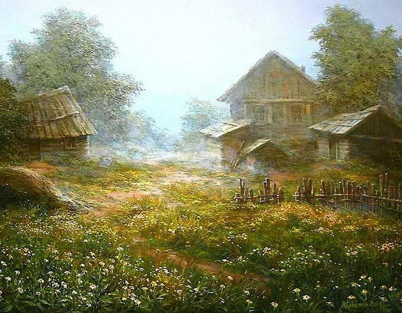 Old Farmhouse, dusty, painting, flowers, morning, trees, artwork, meadow, HD wallpaper