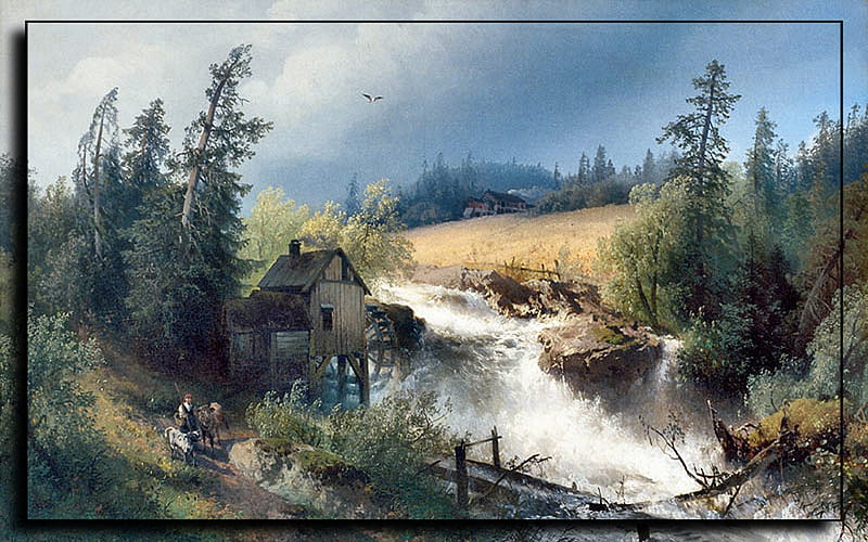 Old Watermill 1, stream, art, herzog, artwork, water, watermill, george herzog, painting, wide screen, river, scenery, landscape, HD wallpaper