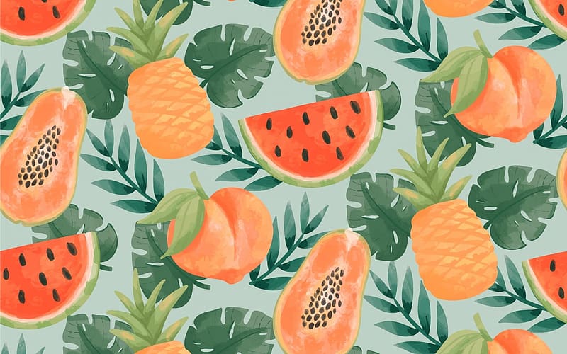Pattern, orange, vara, exotic, watermelon, pineapple, summer, green, texture, fruit, papaya, leaf, HD wallpaper