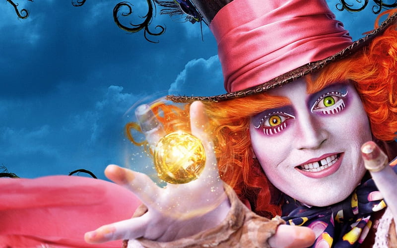 Alice Through the Looking Glass (2016), madhatter, movie, Alice Through the Looking Glass, man, fantasy, hand, pink, actor, disney, Johnny Depp, blue, HD wallpaper
