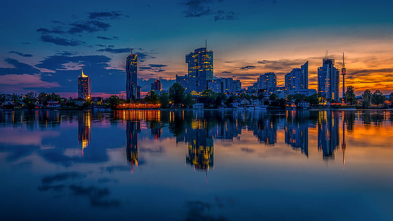 city, evening, reflection, HD wallpaper
