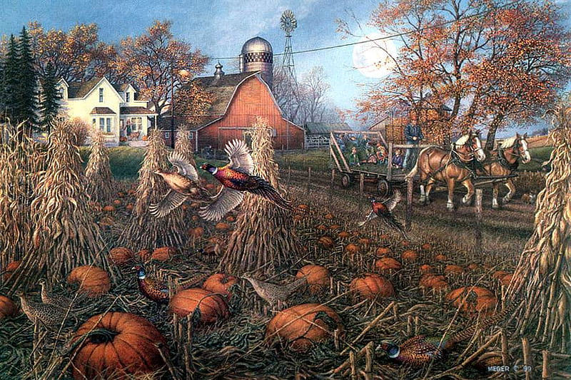 James Meger, The Pumpkin Patch, art, james meger, horse, animal, farm, bird, pumpkin, painting, stable, HD wallpaper