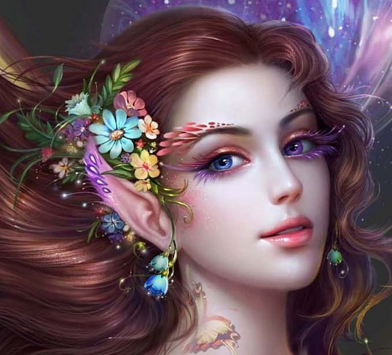 Gorgeous Elf, butterfly, tattoo, elf, awesome, flowers, bonito, eyes, lips, HD wallpaper