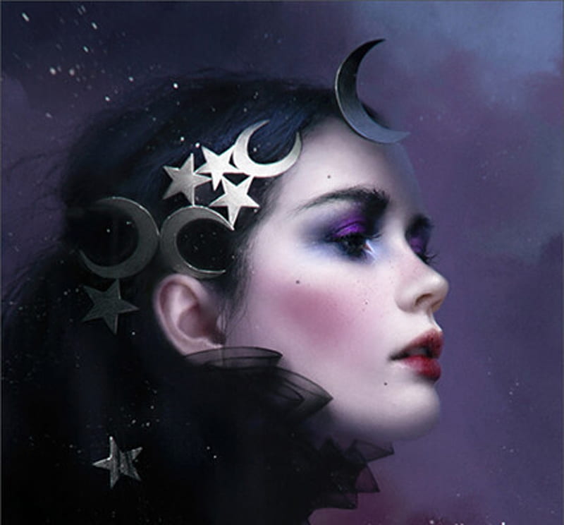 Nocturne, face, star, art, luminos, moon, melaniedelon, melanie delon, fantasy, moon, girl, jewel, HD wallpaper