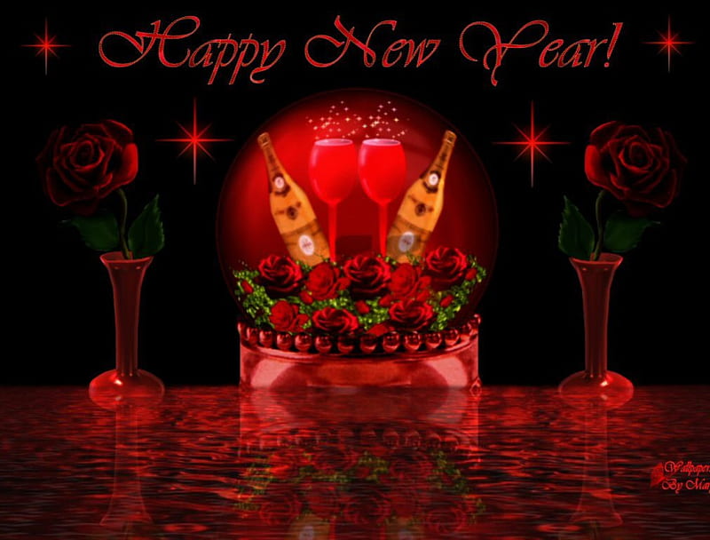 New Year Globe, newyears, holidays, water, flowers, champagne, roses, HD wallpaper