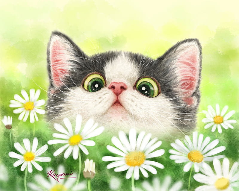 Daisy garden, art, yellow, cat, kayomi harai, cute, vara, green, flower, garden, summer, face, pisici, white, daisy, HD wallpaper