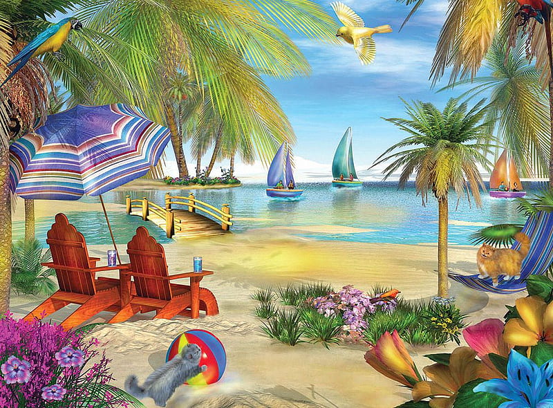 Lake Como, beach, boats, flowers, chairs, umbrella, artwork, sea, palms, painting, HD wallpaper