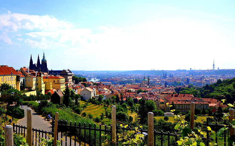 Prague, Czech Republic, old town, houses, gardens, prague castle, trees, HD wallpaper
