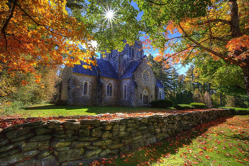 Country Church, autumn, leaves, park, trees, wall, HD wallpaper