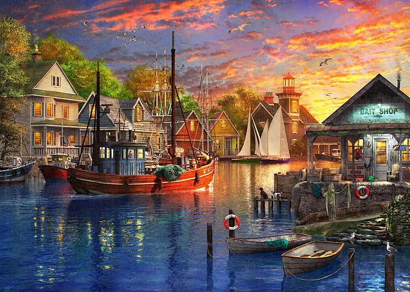 Sunset Fishing Trip, houses, sky, lighthouse, artwork, boats, water, painting, reflection, harbor, HD wallpaper