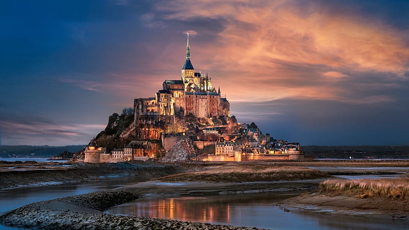 Mont-St-Michel, water, island, sea, town, medieval, HD wallpaper
