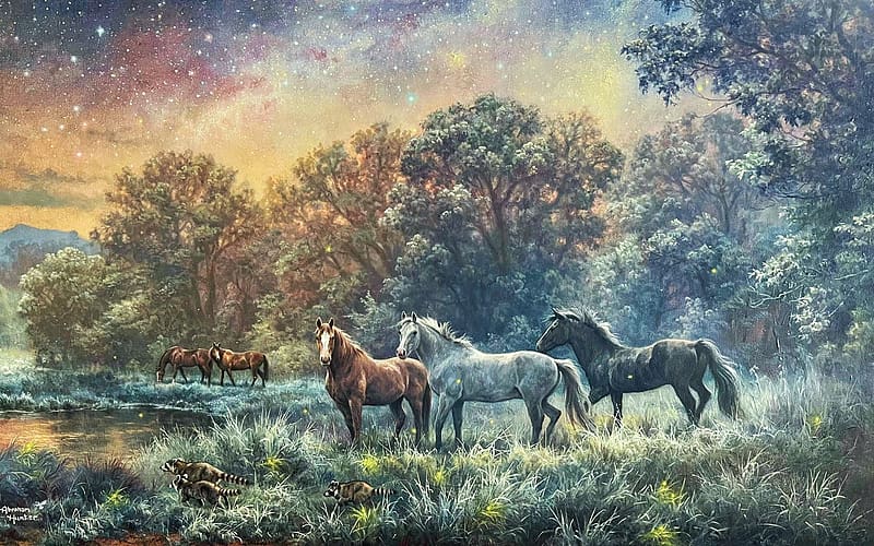 My Farm at Night, artwork, horses, painting, trees, clouds, meadow, sky, HD wallpaper