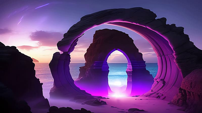 Rock arch at sunset, napnyugta, kapu, barlang, tengerpart, tenger, sziklaiv, szikla, HD wallpaper