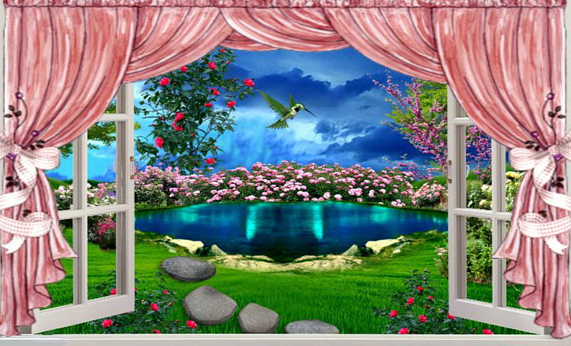 Summer Backyard, pretty, window, bonito, hummingbird, pool, yard, cute, summer, flowers, HD wallpaper
