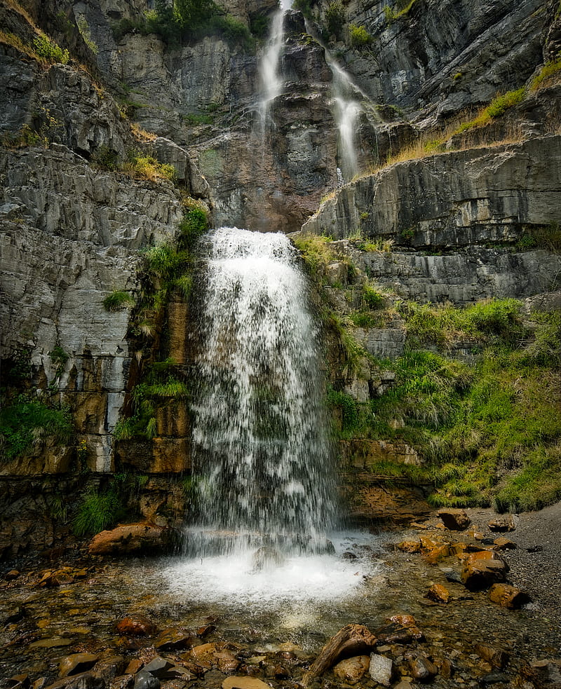waterfall, rocks, stones, water, plants, HD phone wallpaper
