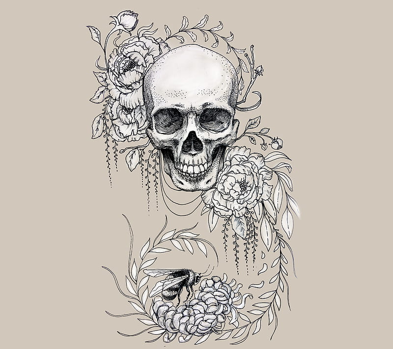 Skull Flower Tattoo, art, cool, desenho, hipster, ink, punk, tat, tattoo, tattooed, ob2, tat, tat1, HD wallpaper
