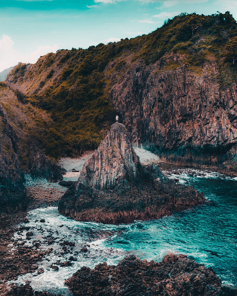 rock, man, alone, sea, coast, nature, HD phone wallpaper