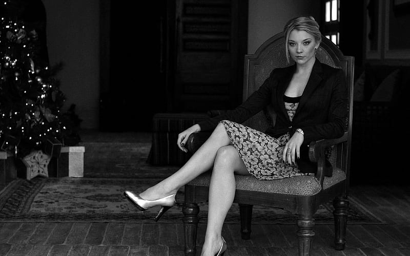 monochrome, black and white, natalie dormer, actress, personality, chair, celebrity, HD wallpaper