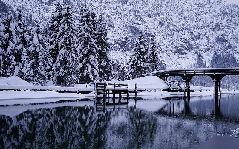 snow, winter, mountains, river, tree, HD wallpaper