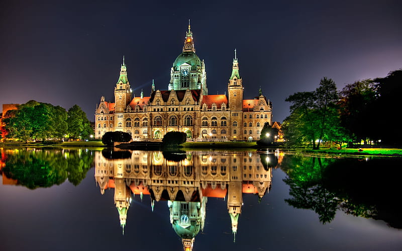 The New Town Hall , Hanover, cityscapes, nightscapes, german cities, Europe, Germany, Cities of Germany, Hanover Germany, HD wallpaper