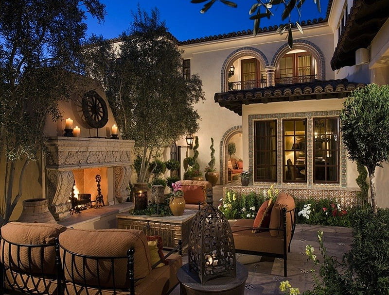Luxurious Outdoor Patio, patio, fireplace, space, mansion, rich, outdoor, luxury, living, HD wallpaper