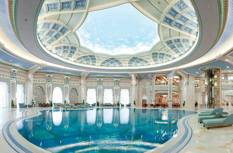Ritz Carlton Pool, hotel, ritz carlton, open cieling, uae, swimming pool, interior, emirates, dubai, sky, pool, blue, luxurious, HD wallpaper