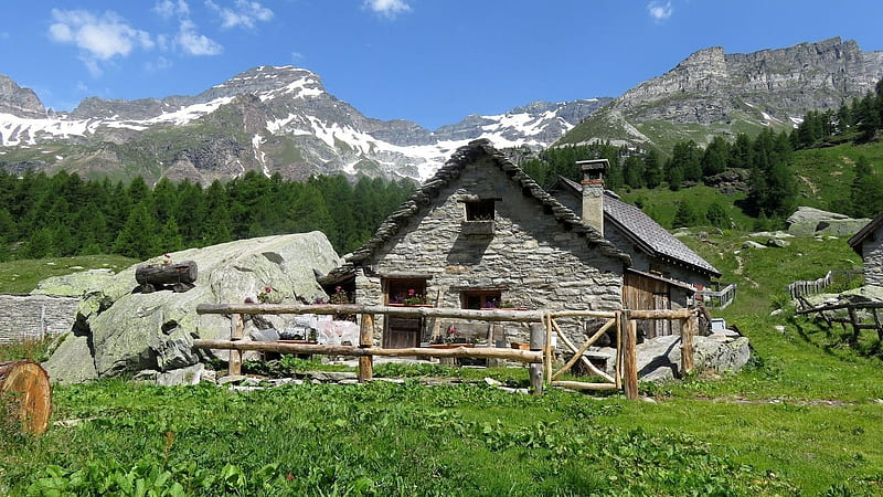 stone cottage, alps, italy, HD wallpaper