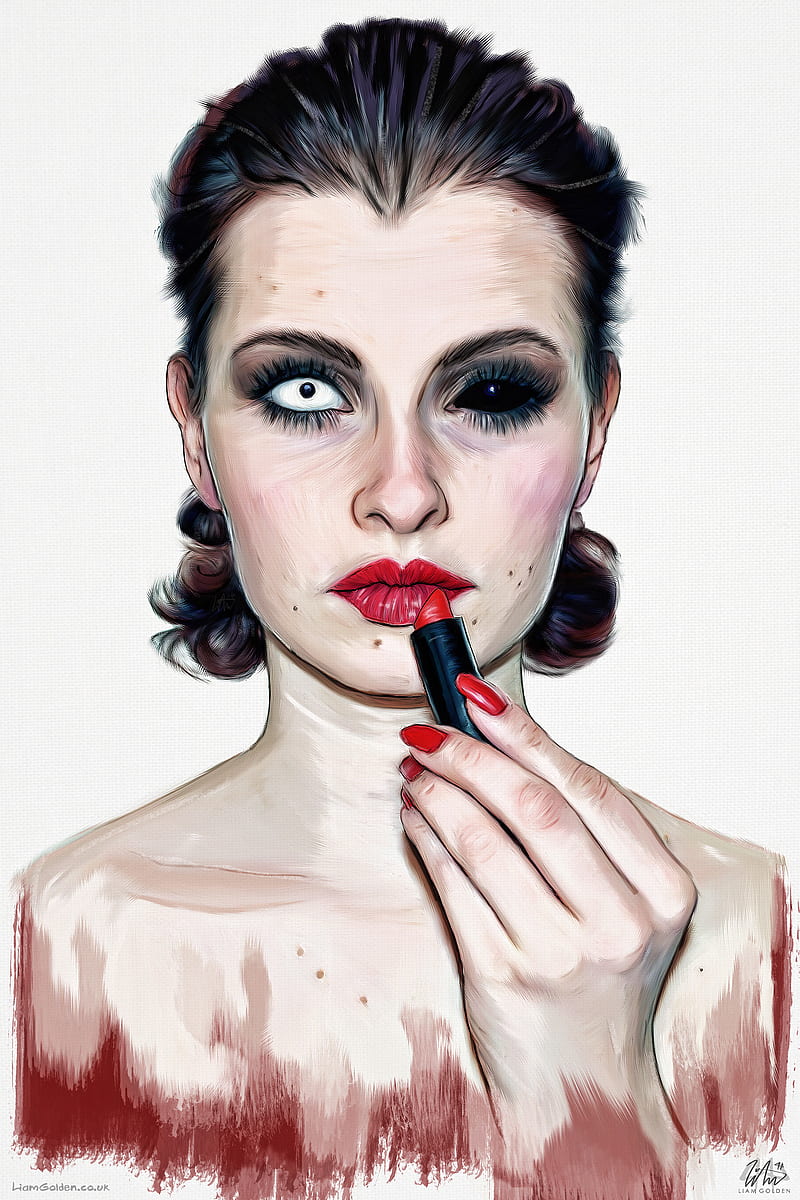 makeup, artwork, ArtStation, face, women, eyes, lipstick, red lipstick, portrait, simple background, white background, HD phone wallpaper