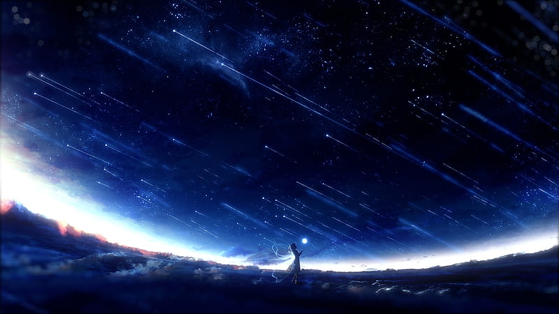 anime fairy girl, wings, beyond the clouds, falling stars, Anime, HD wallpaper