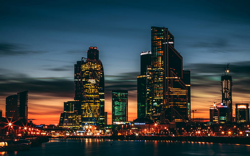 Moscow City, panorama, modern buildings, skyscrapers, Russia, nightscapes, Moscow, HD wallpaper