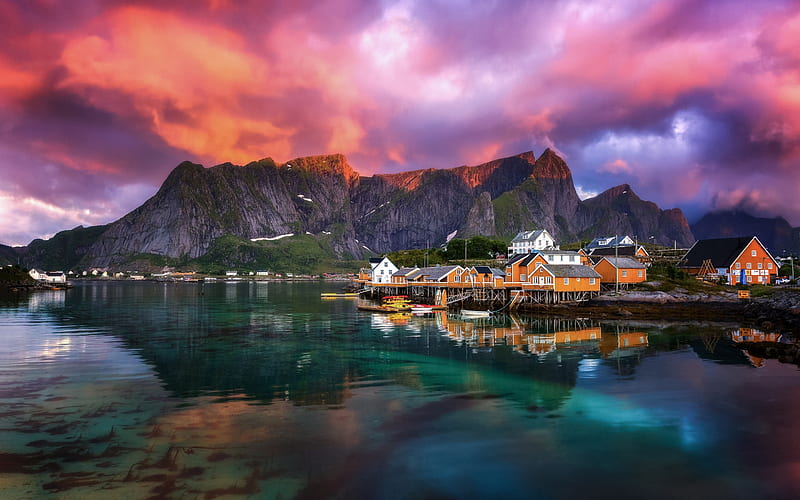 Fjord, small town on the coast, Norwegian village, mountain landscape, sunset, evening, Norway, HD wallpaper