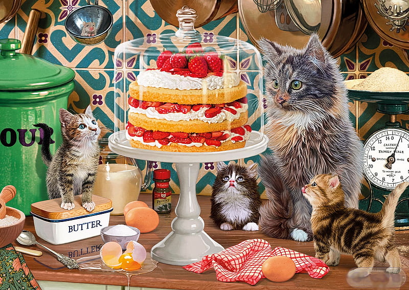 Just a small slice ! :), kitten, cats, cake, table, painting, strawberries, HD wallpaper