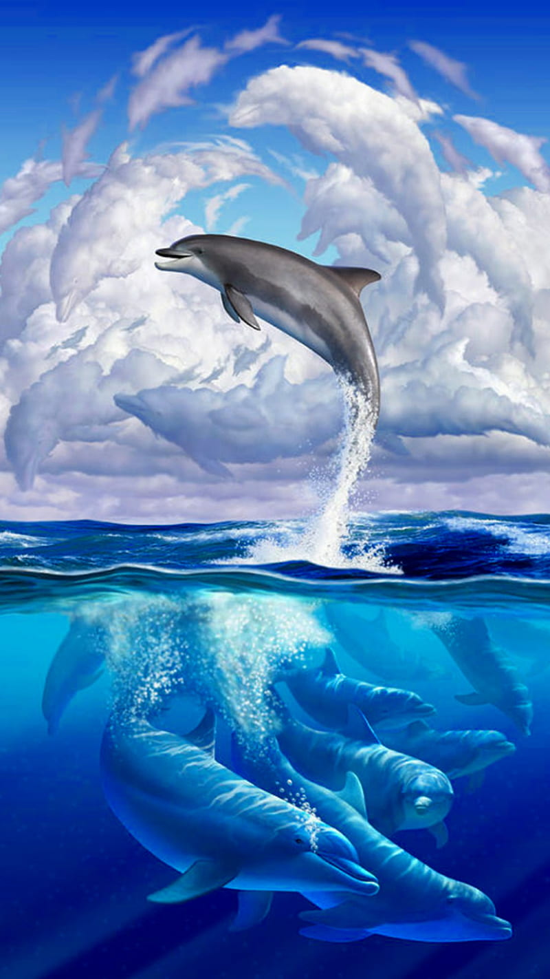 dolphin, art, blue, clouds, sea, sky, HD phone wallpaper