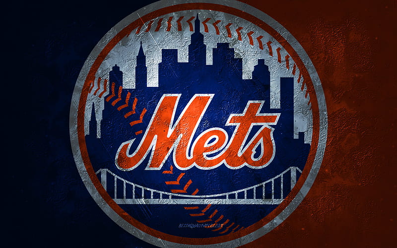 New York Mets, American baseball team, orange stone background, New York Mets logo, grunge art, MLB, baseball, USA, New York Mets emblem, HD wallpaper