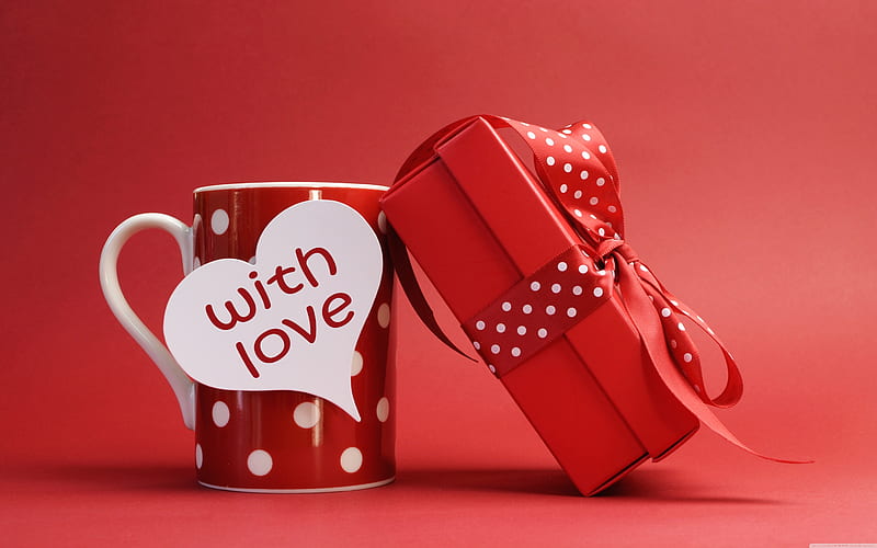 With love ❤ , with love, red, present, dots, love, cup, mug, gift, HD wallpaper
