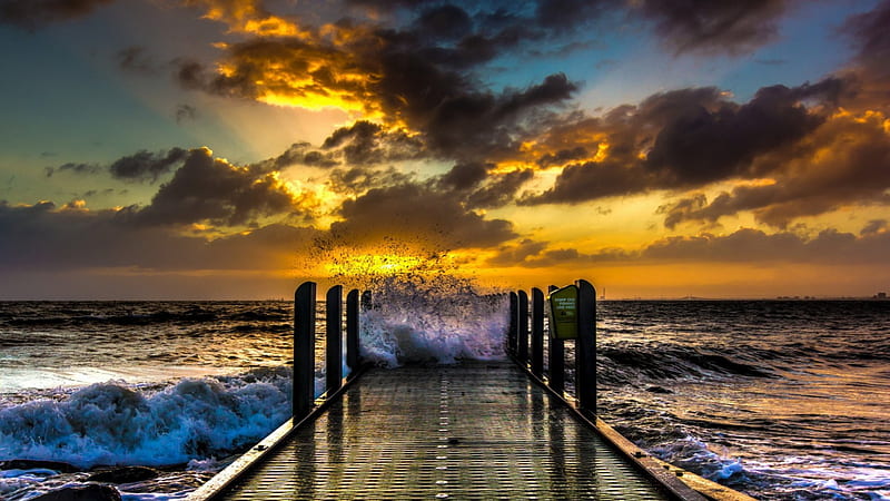 fishing pier in rough sea at sunset, pier, sunset, waves, clouds, sea, HD wallpaper
