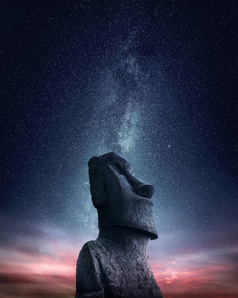 Moai, night, sky, stars, HD phone wallpaper