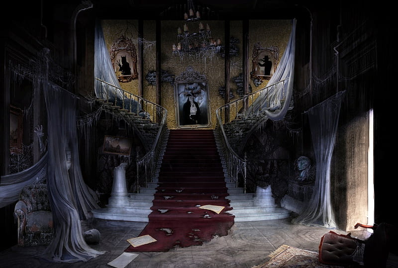 NIGHT CASTLE, staircase, spooky, castle, night, HD wallpaper