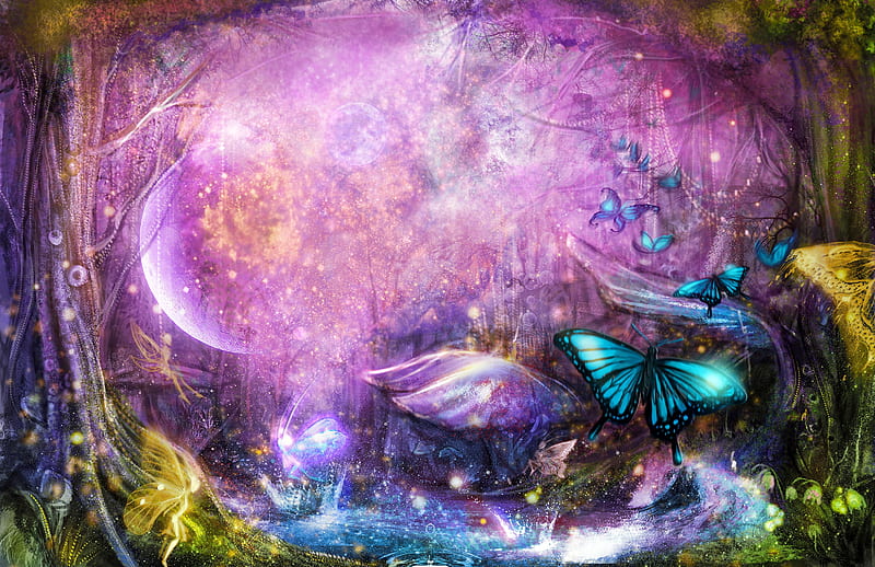 Enchanted fairy forest, pretty, forest, art, bonito, butterflies, magic, fairytale, purple, fantasdy, fairy, enchanted, HD wallpaper