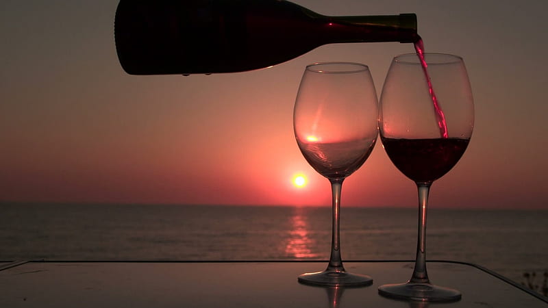 Red Red Wine, Glasses, Wine, Ocean, beach, Sunset, HD wallpaper